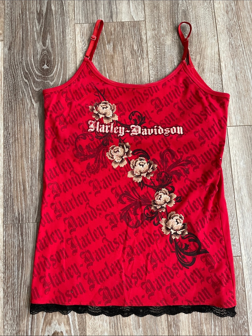 Harley-Davidson VTG Red Rose Print Black Lace Trim Cami Tank Top Built In Bra